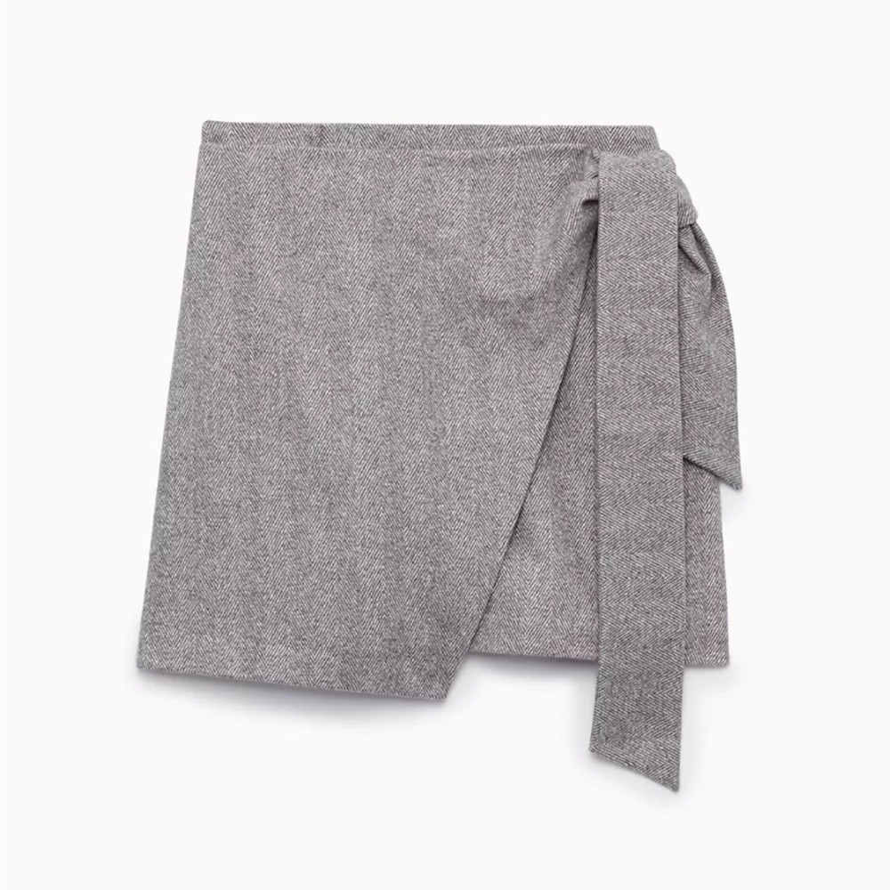 Aritzia Wilfred Wool Cashmere Wrap-Front Skirt in Grey Herringbone